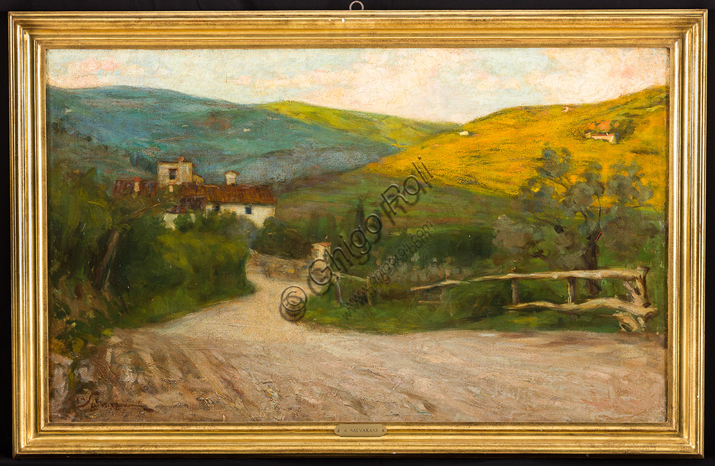 Collezione Assicoop - Unipol: Arcangelo Salvarani (1882 - 1953): "Paesaggio toscano con casa". Olio su tela, cm 54 x 90.