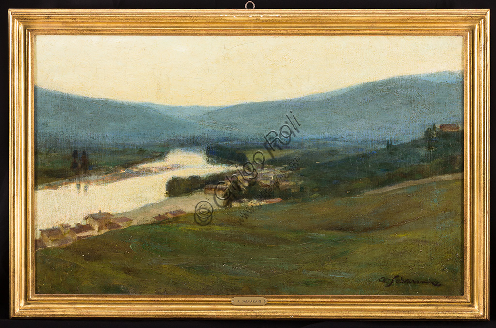  Assicoop - Unipol Collection:Arcangelo Salvarani (1882 - 1953): "Tuscan Landscape with River". Oil painting, cm 54 x 90.