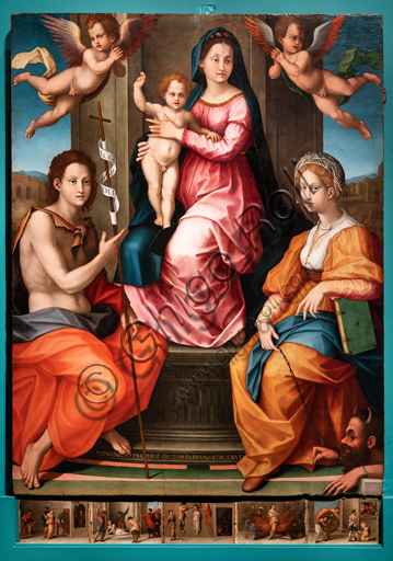 Perugia, Galleria Nazionale dell'Umbria: "Pala delle monache di Santa Giuliana" e predella con le storie della vita di Santa Giuliana, di Domenico Alfani, 1532. Pittura a olio. Nella pala sono raffigurati la Madonna con Bambino benedicente, due angeli, S. Giovanni battista e S. Giuliana di Nicomedia. 