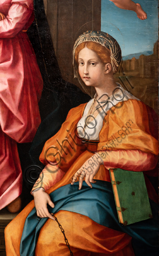 Perugia, Galleria Nazionale dell'Umbria: "Pala delle monache di Santa Giuliana" e predella con le storie della vita di Santa Giuliana, di Domenico Alfani, 1532. Pittura a olio. Nella pala sono raffigurati la Madonna con Bambino benedicente, due angeli, S. Giovanni battista e S. Giuliana di Nicomedia. Particolare di S. Giuliana. 