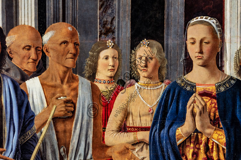 “Pala di Brera, o Pala Montefeltro (Sacra Conversazione con la Madonna col Bambino, sei santi, quattro angeli e il donatore Federico da Montefeltro)”, Piero della Francesca, tempera e olio su tavola, databile al 1472 circa. Particolare.