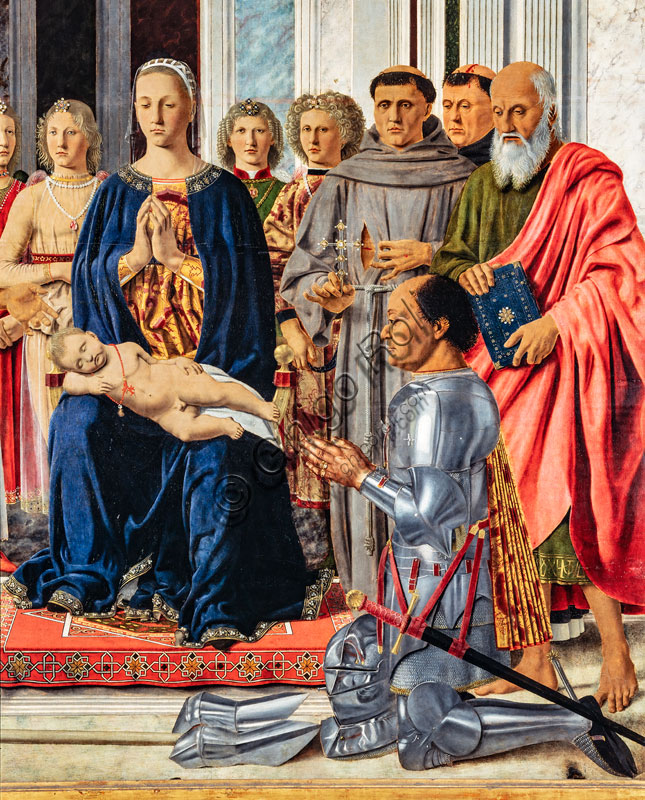 “Pala di Brera, o Pala Montefeltro (Sacra Conversazione con la Madonna col Bambino, sei santi, quattro angeli e il donatore Federico da Montefeltro)”, Piero della Francesca, tempera e olio su tavola, databile al 1472 circa. Particolare.