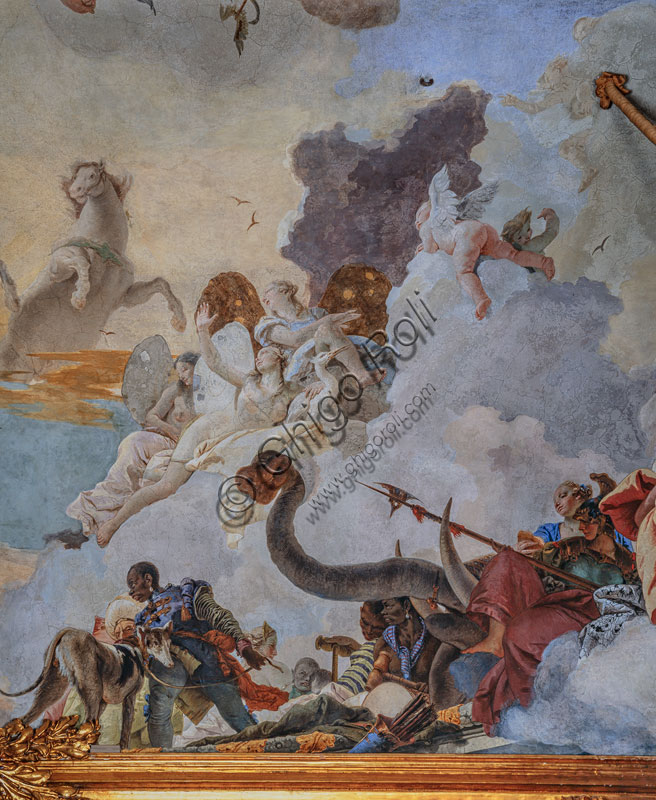 Palazzo Clerici,  Galleria degli arazzi o salone del Tiepolo: “La Quadriga del Sole illumina il mondo”, particolare dell’affresco della volta (c.1740).