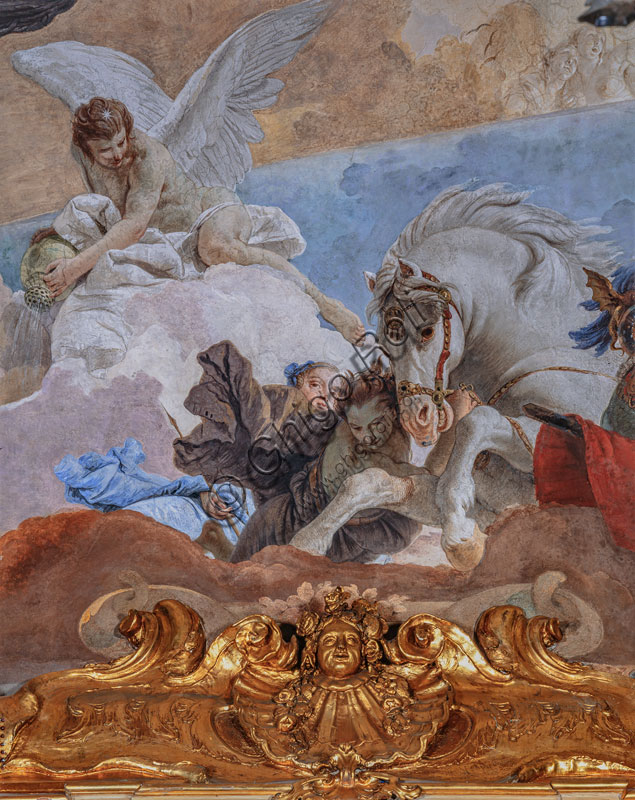 Palazzo Clerici,  Galleria degli arazzi o salone del Tiepolo: “La Quadriga del Sole illumina il mondo”, particolare dell’affresco della volta (c.1740).