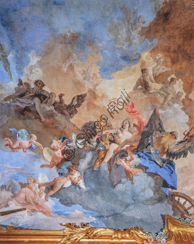 Palazzo Clerici,  Galleria degli arazzi o salone del Tiepolo: “La Quadriga del Sole illumina il mondo”, particolare dell’affresco della volta (c.1740).