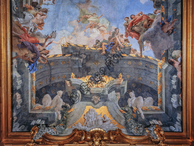Palazzo Clerici,  Galleria degli arazzi o salone del Tiepolo: “La Quadriga del Sole illumina il mondo”, particolare dell’affresco della volta (c.1740).