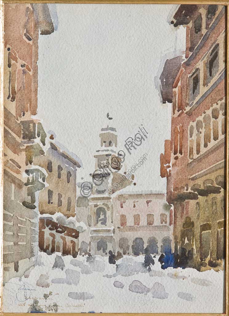 Assicoop - Unipol Collection: Arcangelo Salvarani,  " The Municipal Palace in Modena in the Snow". Watercolour on paper, cm 32 x 23,5.