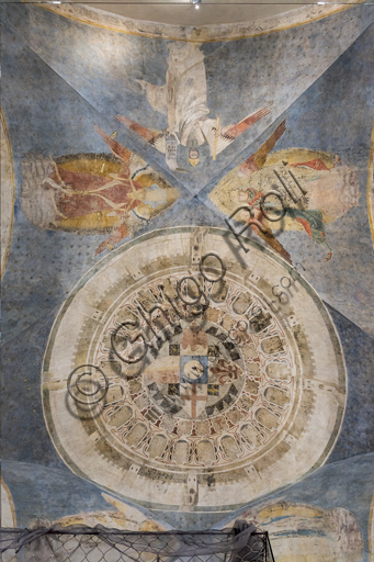 "Vault with the circular image of Florence as the new Celestial Jerusalem", enclosed within the Arnolfian walls, with the coats of arms of the Municipality, the lily, the eagle of Parte Guelfa, the cross; and surrounded by vaults with allegories of Law, Justice and Fortitude. Frescoes by Jacopo di Cione (brother of Orcagna, 1366-1406) preserved in the Palazzo dell'Arte dei Giudici e Notai, or del Proconsolo in Florence.