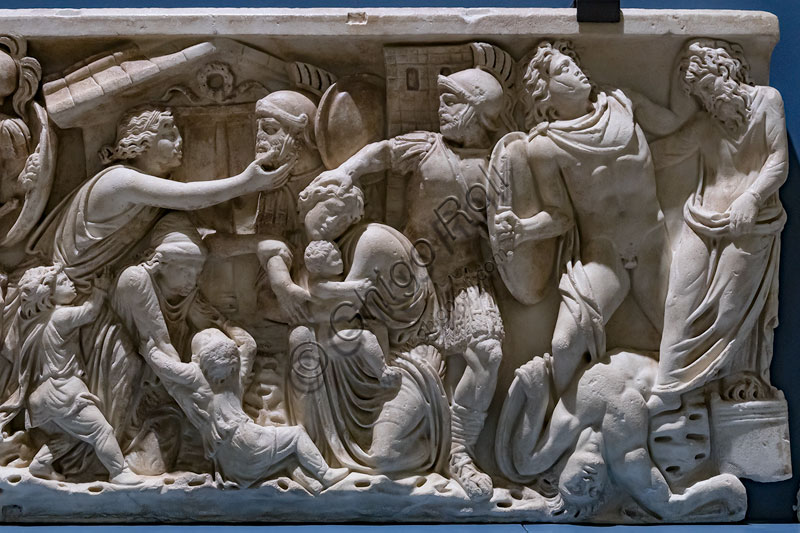  Palazzo Ducale, Apartment of Troy: sarcophagus with scenes from the sack of Troy,  Proconnesian marble, mid-2nd century AD. Detail.