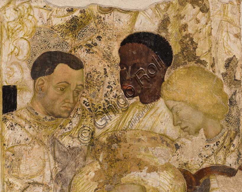 Palazzo Ducale, sala del Pisanello, parete nord-est: “Torneo-battaglia di Louvezerp”,  1430-1433, di Antonio di Puccio, detto il Pisanello. pittura murale strappata, tecnica mista.  Il soggetto è tratto da “Le roman en prose de Tristan”, capolavoro della letteratura cavalleresca.Dettaglio con cavalieri, moro e dame.