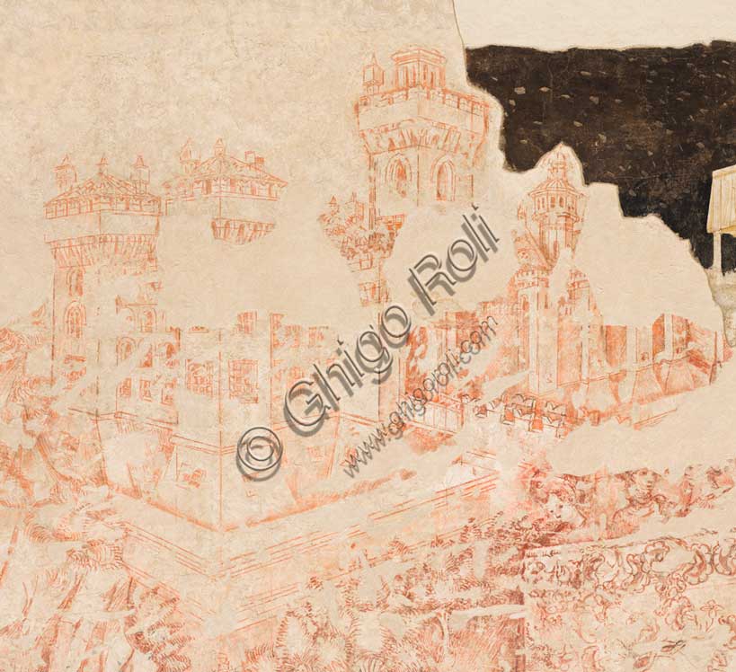 Palazzo Ducale, sala del Pisanello, parete nord-est: “Torneo-battaglia di Louvezerp”,  1430-1433, di Antonio di Puccio, detto il Pisanello. pittura murale strappata, tecnica mista.  Il soggetto è tratto da “Le roman en prose de Tristan”, capolavoro della letteratura cavalleresca.Dettaglio con una città turrita, il castello di re Brangoire, che ricorda il mantovano castello di San Giorgio.