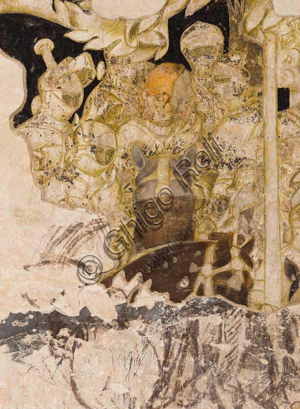Palazzo Ducale, sala del Pisanello, parete nord-est: “Torneo-battaglia di Louvezerp”,  1430-1433, di Antonio di Puccio, detto il Pisanello. pittura murale strappata, tecnica mista.  Il soggetto è tratto da “Le roman en prose de Tristan”, capolavoro della letteratura cavalleresca.Dettaglio con cavalieri.