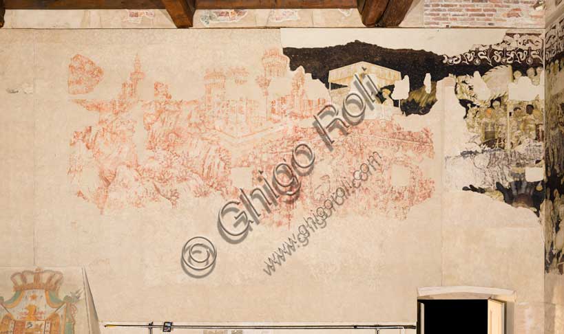 Palazzo Ducale, sala del Pisanello, parete nord-est: “Torneo-battaglia di Louvezerp”,  1430-1433, di Antonio di Puccio, detto il Pisanello. pittura murale strappata, tecnica mista.  Il soggetto è tratto da “Le roman en prose de Tristan”, capolavoro della letteratura cavalleresca.