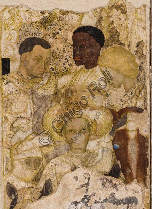 Palazzo Ducale, sala del Pisanello, parete nord-est: “Torneo-battaglia di Louvezerp”,  1430-1433, di Antonio di Puccio, detto il Pisanello. pittura murale strappata, tecnica mista.  Il soggetto è tratto da “Le roman en prose de Tristan”, capolavoro della letteratura cavalleresca.Dettaglio con cavalieri, moro e dame.