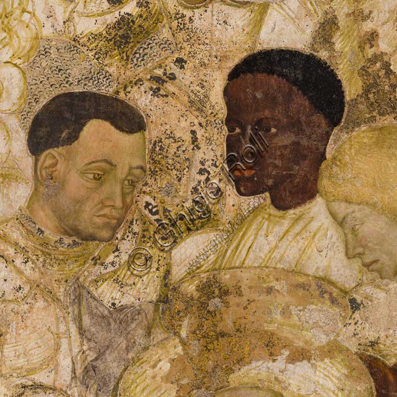 Palazzo Ducale, sala del Pisanello, parete nord-est: “Torneo-battaglia di Louvezerp”,  1430-1433, di Antonio di Puccio, detto il Pisanello. pittura murale strappata, tecnica mista.  Il soggetto è tratto da “Le roman en prose de Tristan”, capolavoro della letteratura cavalleresca.Dettaglio con cavalieri, moro e dame.