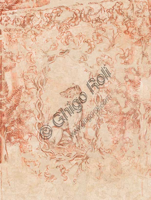 Palazzo Ducale, sala del Pisanello, parete nord-est: “Torneo-battaglia di Louvezerp”,  1430-1433, di Antonio di Puccio, detto il Pisanello. pittura murale strappata, tecnica mista.  Il soggetto è tratto da “Le roman en prose de Tristan”, capolavoro della letteratura cavalleresca.Dettaglio con cane.