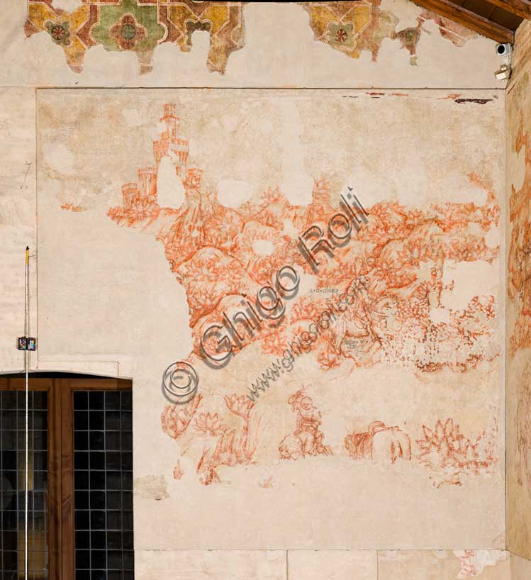 Palazzo Ducale, sala del Pisanello, parete nord-est: “Torneo-battaglia di Louvezerp”,  1430-1433, di Antonio di Puccio, detto il Pisanello. pittura murale strappata, tecnica mista.  Il soggetto è tratto da “Le roman en prose de Tristan”, capolavoro della letteratura cavalleresca.Dettaglio con alberi, cavalli, cavalieri e torri di un castello.