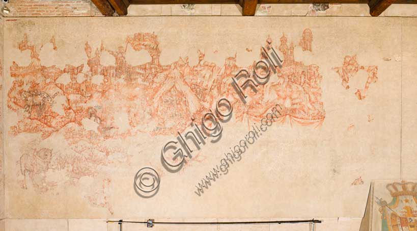 Palazzo Ducale, sala del Pisanello, parete nord-est: “Torneo-battaglia di Louvezerp”,  1430-1433, di Antonio di Puccio, detto il Pisanello. pittura murale strappata, tecnica mista.  Il soggetto è tratto da “Le roman en prose de Tristan”, capolavoro della letteratura cavalleresca.Dettaglio con tenda, alberi, cavalli, cavalieri.