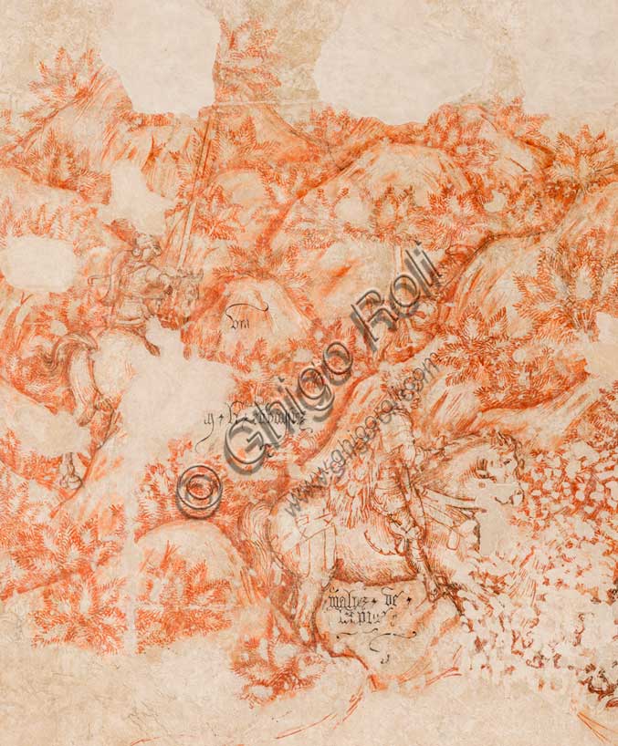 Palazzo Ducale, sala del Pisanello, parete nord-est: “Torneo-battaglia di Louvezerp”,  1430-1433, di Antonio di Puccio, detto il Pisanello. pittura murale strappata, tecnica mista.  Il soggetto è tratto da “Le roman en prose de Tristan”, capolavoro della letteratura cavalleresca.Dettaglio con cavalieri, alberi e cavalli.