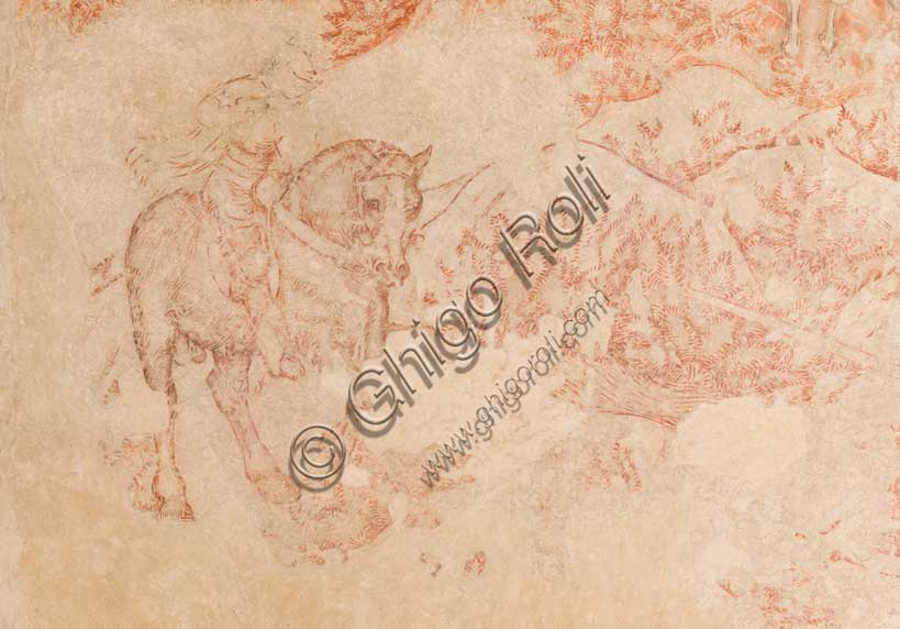 Palazzo Ducale, sala del Pisanello, parete nord-est: “Torneo-battaglia di Louvezerp”,  1430-1433, di Antonio di Puccio, detto il Pisanello. pittura murale strappata, tecnica mista.  Il soggetto è tratto da “Le roman en prose de Tristan”, capolavoro della letteratura cavalleresca.Dettaglio con alberi, cavallo e cavaliere.