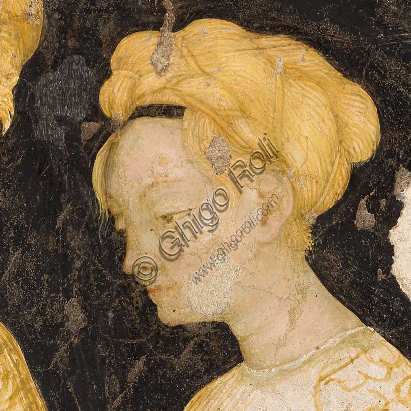 Palazzo Ducale, sala del Pisanello, parete nord-est: “Torneo-battaglia di Louvezerp”,  1430-1433, di Antonio di Puccio, detto il Pisanello. pittura murale strappata, tecnica mista.  Il soggetto è tratto da “Le roman en prose de Tristan”, capolavoro della letteratura cavalleresca.Dettaglio con dame in un baldacchino.