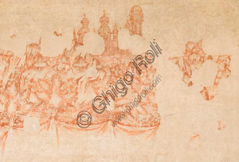 Palazzo Ducale, sala del Pisanello, parete nord-est: “Torneo-battaglia di Louvezerp”,  1430-1433, di Antonio di Puccio, detto il Pisanello. pittura murale strappata, tecnica mista.  Il soggetto è tratto da “Le roman en prose de Tristan”, capolavoro della letteratura cavalleresca.Dettaglio con alberi e palazzo.