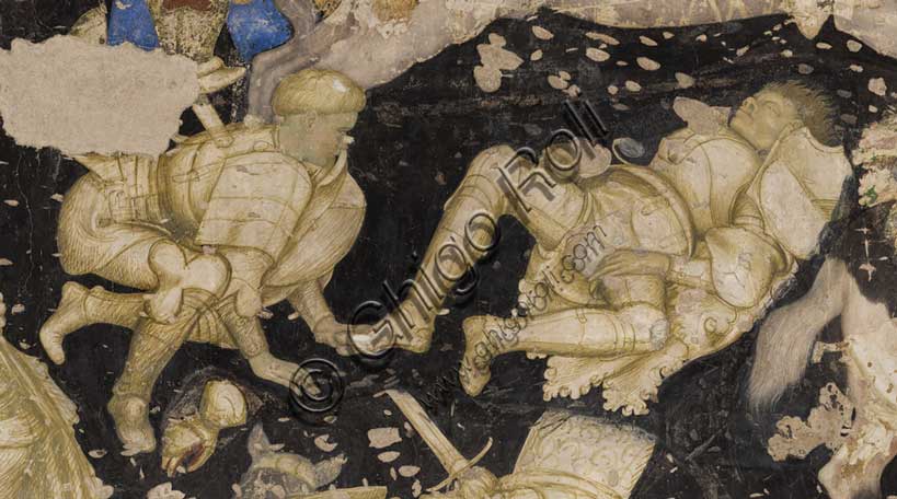 Palazzo Ducale, sala del Pisanello, parete sud-est: “Torneo-battaglia di Louvezerp”,  1430-1433, di Antonio di Puccio, detto il Pisanello. pittura murale strappata, tecnica mista.  Il soggetto è tratto da “Le roman en prose de Tristan”, capolavoro della letteratura cavalleresca.Particolare con cavalieri: uno accucciato e uno a terra.