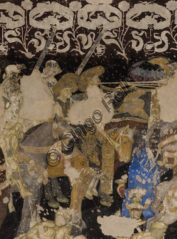 Palazzo Ducale, sala del Pisanello, parete sud-est: “Torneo-battaglia di Louvezerp”,  1430-1433, di Antonio di Puccio, detto il Pisanello. pittura murale strappata, tecnica mista.  Il soggetto è tratto da “Le roman en prose de Tristan”, capolavoro della letteratura cavalleresca.Particolare con trombettieri.