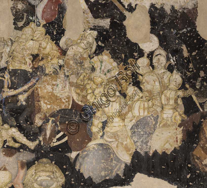 Palazzo Ducale, sala del Pisanello, parete sud-est: “Torneo-battaglia di Louvezerp”,  1430-1433, di Antonio di Puccio, detto il Pisanello. pittura murale strappata, tecnica mista.  Il soggetto è tratto da “Le roman en prose de Tristan”, capolavoro della letteratura cavalleresca.Particolare.
