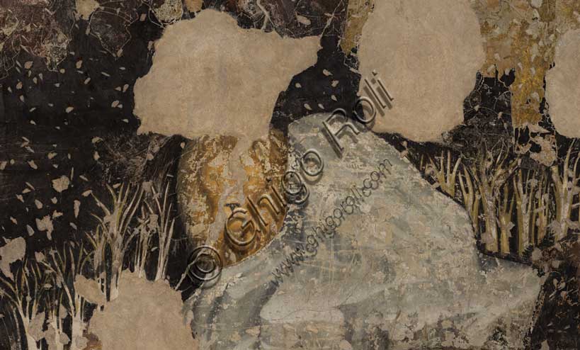 Palazzo Ducale, sala del Pisanello, parete sud-est: “Torneo-battaglia di Louvezerp”,  1430-1433, di Antonio di Puccio, detto il Pisanello. pittura murale strappata, tecnica mista.  Il soggetto è tratto da “Le roman en prose de Tristan”, capolavoro della letteratura cavalleresca.Particolare con leone.
