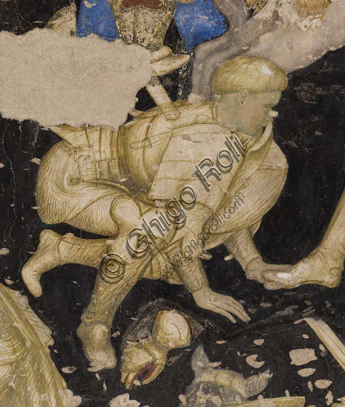 Palazzo Ducale, sala del Pisanello, parete sud-est: “Torneo-battaglia di Louvezerp”,  1430-1433, di Antonio di Puccio, detto il Pisanello. pittura murale strappata, tecnica mista.  Il soggetto è tratto da “Le roman en prose de Tristan”, capolavoro della letteratura cavalleresca.Particolare con cavaliere accucciato.