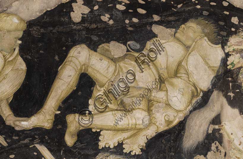 Palazzo Ducale, sala del Pisanello, parete sud-est: “Torneo-battaglia di Louvezerp”,  1430-1433, di Antonio di Puccio, detto il Pisanello. pittura murale strappata, tecnica mista.  Il soggetto è tratto da “Le roman en prose de Tristan”, capolavoro della letteratura cavalleresca.Particolare con cavaliere a terra.