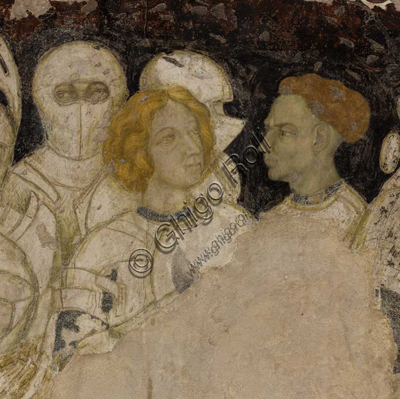 Palazzo Ducale, sala del Pisanello, parete sud-est: “Torneo-battaglia di Louvezerp”,  1430-1433, di Antonio di Puccio, detto il Pisanello. pittura murale strappata, tecnica mista.  Il soggetto è tratto da “Le roman en prose de Tristan”, capolavoro della letteratura cavalleresca.Particolare con cavalieri.