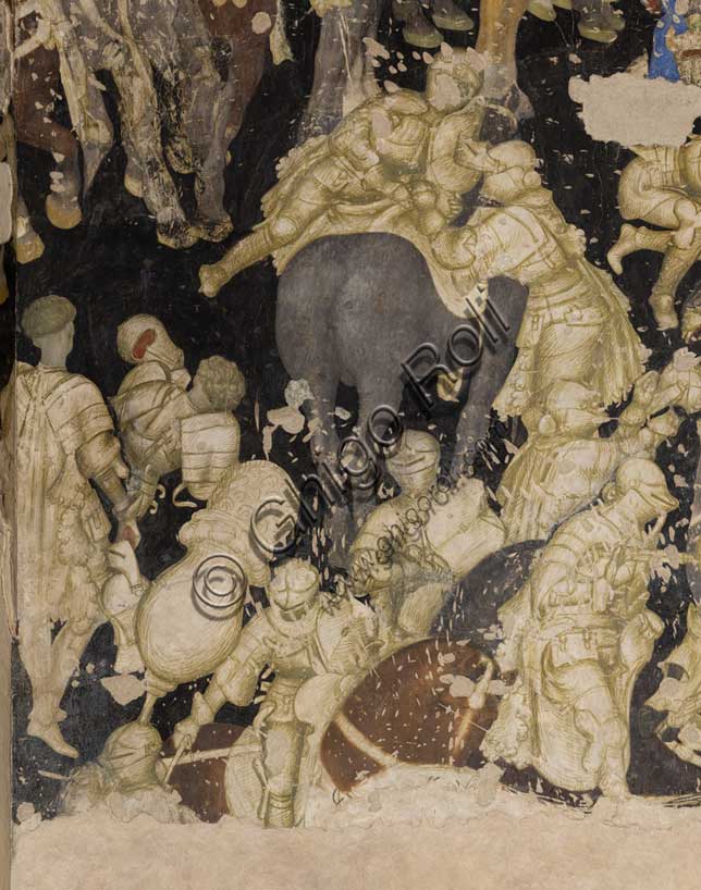 Palazzo Ducale, sala del Pisanello, parete sud-est: “Torneo-battaglia di Louvezerp”,  1430-1433, di Antonio di Puccio, detto il Pisanello. pittura murale strappata, tecnica mista.  Il soggetto è tratto da “Le roman en prose de Tristan”, capolavoro della letteratura cavalleresca.Particolare.
