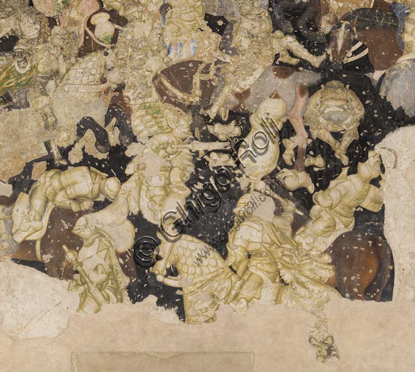Palazzo Ducale, sala del Pisanello, parete sud-est: “Torneo-battaglia di Louvezerp”,  1430-1433, di Antonio di Puccio, detto il Pisanello. pittura murale strappata, tecnica mista.  Il soggetto è tratto da “Le roman en prose de Tristan”, capolavoro della letteratura cavalleresca.Particolare.