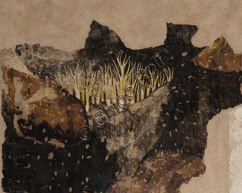 Palazzo Ducale, sala del Pisanello, parete sud-ovest: “Torneo-battaglia di Louvezerp”,  1430-1433, di Antonio di Puccio, detto il Pisanello. pittura murale strappata, tecnica mista.  Il soggetto è tratto da “Le roman en prose de Tristan”, capolavoro della letteratura cavalleresca.Particolare con alberi di una foresta.