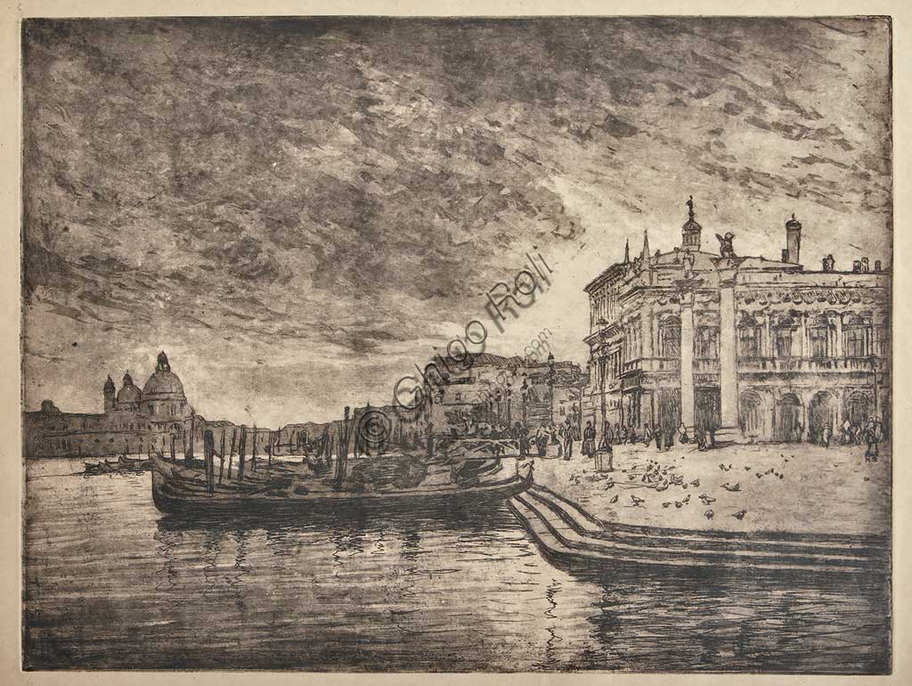 Assicoop - Unipol Collection: "The Royal Palace and the Salute Basilica", etching  and aquatint on white paper, by Giuseppe Miti Zanetti (1859 - 1929).