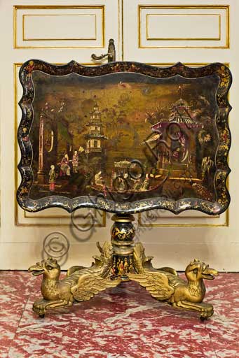 Palermo, The Royal Palace or Palazzo dei Normanni (Palace of the Normans), The Royal Apartment, The Chinese Room or the Chinese Study: a tea table. On the top there is a landscape with scenes of life in imitation of Chinese lacquers. Work by Sicilian craftsmanship, XIX century.