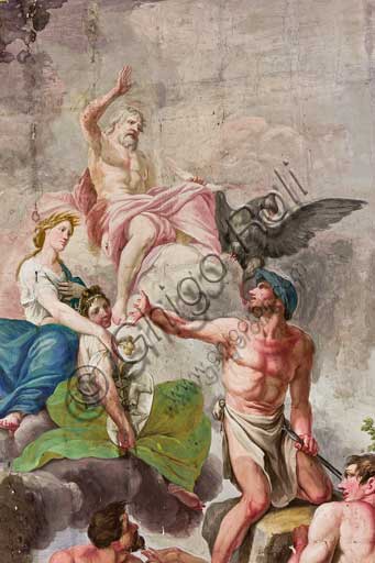 Palermo, The Royal Palace or Palazzo dei Normanni (Palace of the Normans), The Royal Apartment, The Red Room: "Apotheosis of work, agriculture, arts and sciences" by Benedetto Codardi. Allegorical depiction of  the Olympus with Jupiter, Ceres, and Vulcan. Detail.