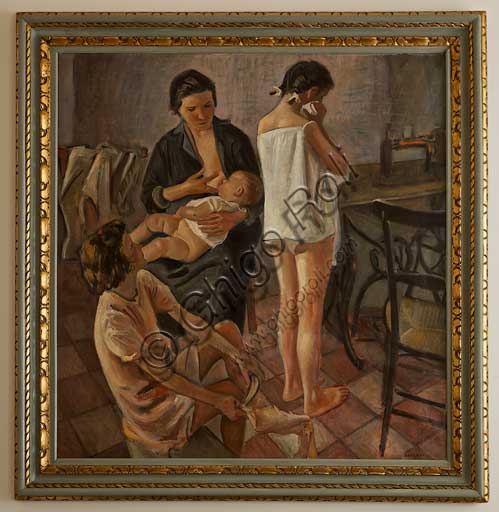 Palermo, Palazzo Reale o Palazzo dei Normanni, Appartamento Reale, Studio Alaimo:   dipinto a olio di Alfonso Amorelli, che rappresenta una madre che allatta suo figlio e due ragazze.  