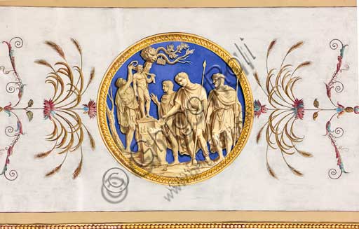 Palermo, The Royal Palace or Palazzo dei Normanni (Palace of the Normans), the Royal Apartment, The Hercules Hall (Parliament of the Sicily Regional Assembly), the vault, decorative frieze: Medallion with the Veneration of Hercules, dry wall painting by Giuseppe Velasco, 1812.