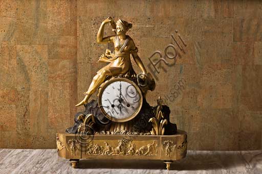 Palermo, The Royal Palace or Palazzo dei Normanni (Palace of the Normans), The Royal Apartment, The Monetiere Room (next to the Chinese Room): Table clock in golden bronze with allegory of Hunting (Borbone collection, XIX century).