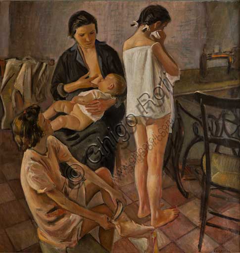 Palermo, Palazzo Reale o Palazzo dei Normanni, Appartamento Reale, Studio Alaimo:   dipinto a olio di Alfonso Amorelli, che rappresenta una madre che allatta suo figlio e due ragazze.  