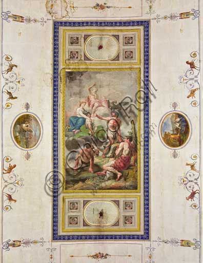 Palermo, Palazzo Reale o Palazzo dei Normanni, Appartamento Reale, Sala Rossa, la volta: "Apoteosi del lavoro, dell'agricoltura, delle arti e delle scienze" di Benedetto Codardi. Raffigurazione allegorica dell'Olimpo con  Giove, Cerere, e Vulcano.