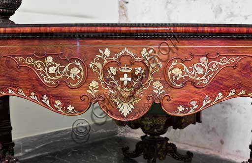 Palermo, The Royal Palace or Palazzo dei Normanni (Palace of the Normans), The Royal Apartment, Room of the Peeling Walls or Former Presidents: desk inlaid in rosewood, boxwood and mother-of-pearl, by Sicilian cabinet makers, XIX century. Detail.