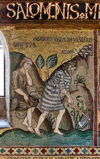 Palermo, The Royal Palace or Palazzo dei Normanni (Palace of the Normans), The Palatine Chapel (Basilica), cycle of mosaics on the Old Testament, cycle of the Creation: "The Original Sin: Eve's Grief and Adam's Toil", XII century.