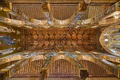 Palermo, The Royal Palace or Palazzo dei Normanni (Palace of the Normans), The Palatine Chapel (Basilica), central nave: wooden ceiling, created by Fatimid school masters and consisting of wooden coffers called muqarnas, painted with rare images (phytoform and zoomorphic ornaments, birds, fantastic and mythological animals, including human figures in hunting, making war and  love, players, dancers and belly dancers, chess players: These figures are generally prohibited by the Muslim tradition) and Cufic inscriptions (1143).