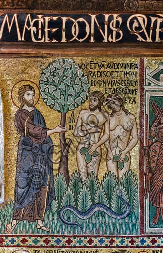 Palermo, The Royal Palace or Palazzo dei Normanni (Palace of the Normans), The Palatine Chapel (Basilica), cycle of mosaics on the Old Testament, cycle of the Creation: "Adam and Eve facing God after eating the forbidden fruit", XII century.