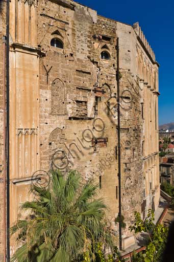 Palermo, The Royal Palace or Palazzo dei Normanni (Palace of the Normans): the  Easternfaçade in its variegated juxtaposition of medieval and modern volumes.