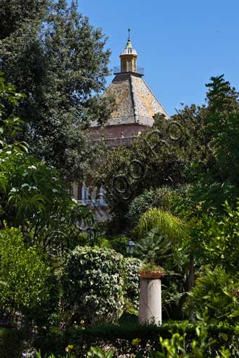 Palermo, The Royal Palace or Palazzo dei Normanni (Palace of the Normans), the South West side, the gardens of the St. Peter Bastion: plants and trees. In the background, the Porta Nuova Tower.